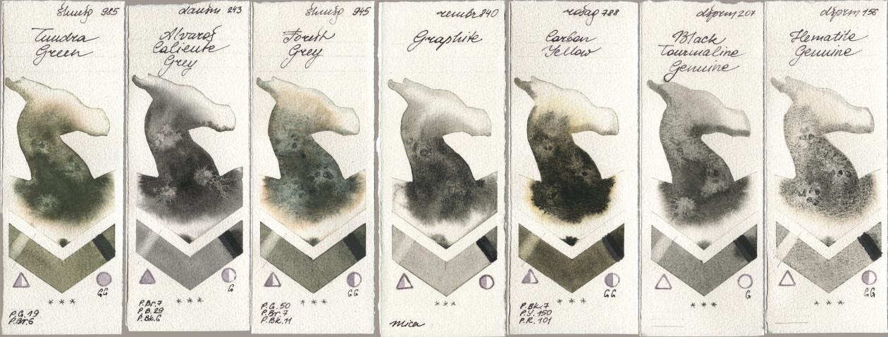 Shminke Horadam Aquarell 985 Tundra Green, Daniel Smith 243 Alvaros Caliente Grey, 945 Forest Grey, Royal Talens Rembrandt Watercolour 840 Graphite, Rosa Gallery 788 Carbon Yellow, 207 Black Tourmaline Genuine, 156 Hematite Genui watercolor swatch