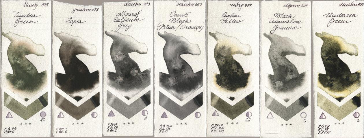 Shminke Horadam Aquarell 985 Tundra Green, M. Graham & Co. Artists 178 Sepia, Daniel Smith 243 Alvaros Caliente Grey, 250 Janes Black (Blue/Orange), Rosa Gallery 788 Carbon Yellow, 207 Black Tourmaline Genuine, 109 Undersea Gre watercolor swatch