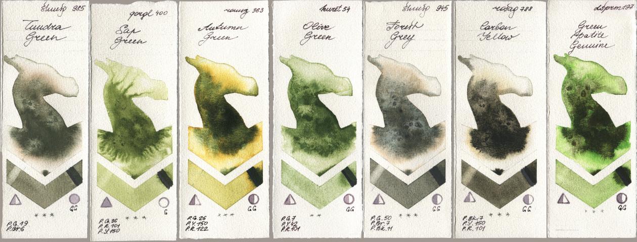 Shminke Horadam Aquarell 985 Tundra Green, Golden QOR 400 Sap Green, Roman Szmal Aquarius 363 Autumn Green, Kuretake Gansai Tambi 054 Olive Green, 945 Forest Grey, Rosa Gallery 788 Carbon Yellow, Daniel Smith 197 Green Apatite Genui watercolor swatch