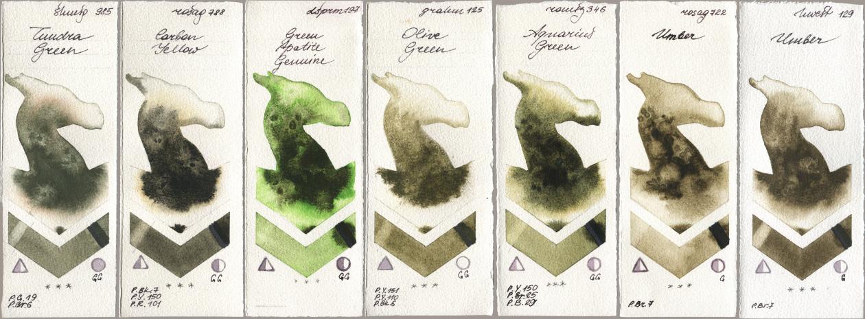 Shminke Horadam Aquarell 985 Tundra Green, Rosa Gallery 788 Carbon Yellow, Daniel Smith 197 Green Apatite Genuine, M. Graham & Co. Artists 125 Olive Green, Roman Szmal Aquarius 346 Aquarius Green, 722 Umber, Holbein Artists Watercolor 129 Umb watercolor swatch