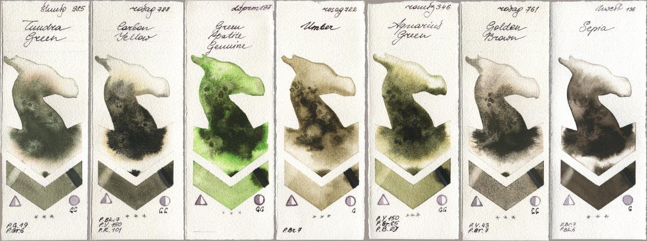 Shminke Horadam Aquarell 985 Tundra Green, Rosa Gallery 788 Carbon Yellow, Daniel Smith 197 Green Apatite Genuine, 722 Umber, Roman Szmal Aquarius 346 Aquarius Green, 761 Golden Brown, Holbein Artists Watercolor 136 Sep watercolor swatch