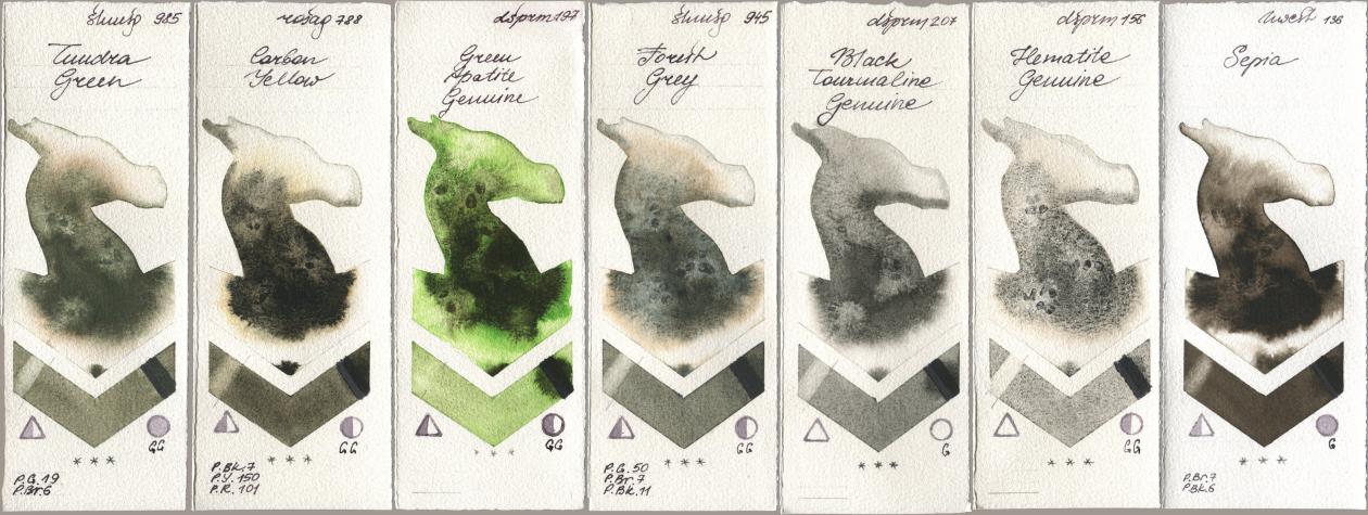 Shminke Horadam Aquarell 985 Tundra Green, Rosa Gallery 788 Carbon Yellow, Daniel Smith 197 Green Apatite Genuine, 945 Forest Grey, 207 Black Tourmaline Genuine, 156 Hematite Genuine, Holbein Artists Watercolor 136 Sep watercolor swatch