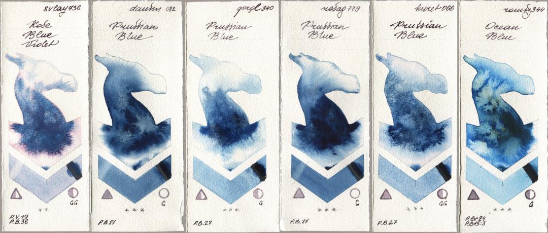 SuperVision 736 Rose Blue Violet, Daniel Smith 082 Prussian Blue, Golden QOR 340 Prussian Blue, Rosa Gallery 779 Prussian Blue, Kuretake Gansai Tambi 066 Prussian Blue, Roman Szmal Aquarius 344 Ocean Bl watercolor swatch