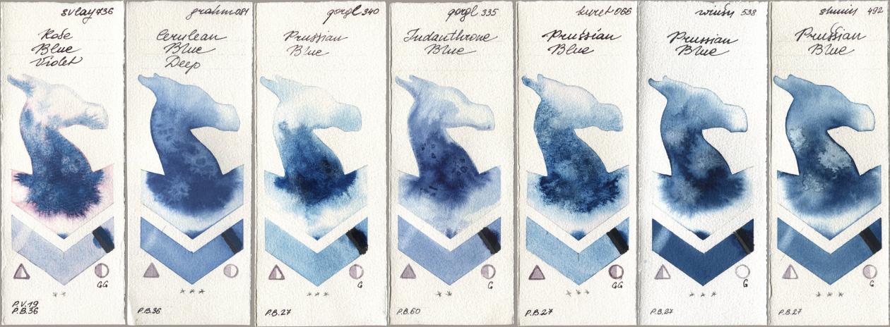 SuperVision 736 Rose Blue Violet, M. Graham & Co. Artists 081 Cerulean Blue Deep, Golden QOR 340 Prussian Blue, 335 Indanthrone Blue, Kuretake Gansai Tambi 066 Prussian Blue, Winsor & Newton Professional 538 Prussian Blue, Shminke Horadam Aquarell 492 Prussian Bl watercolor swatch