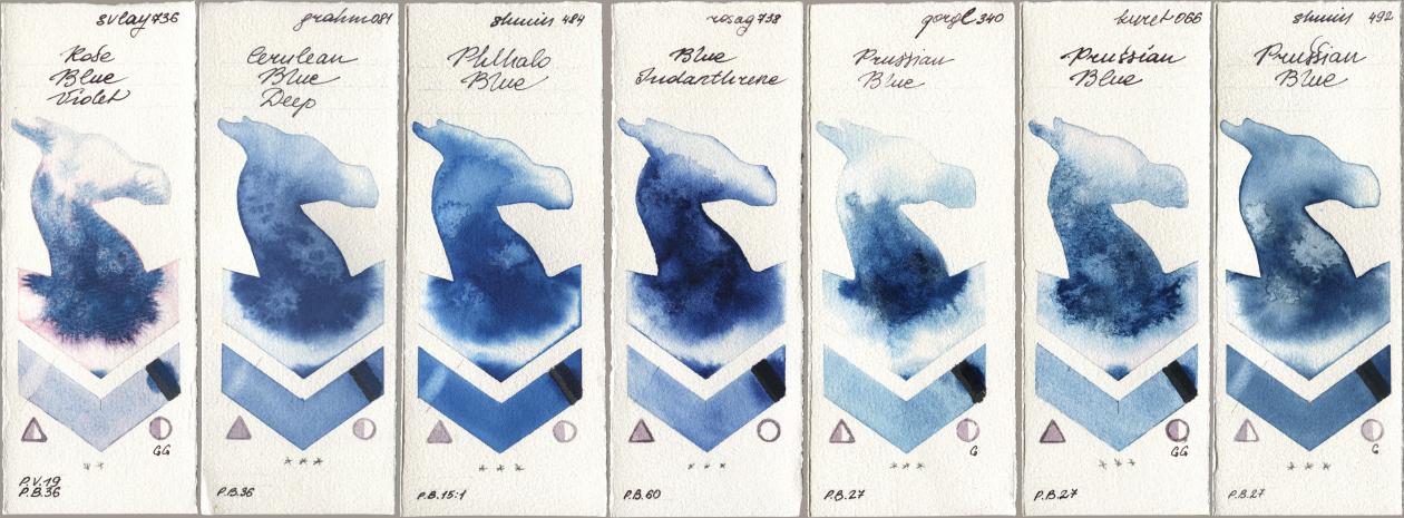 SuperVision 736 Rose Blue Violet, M. Graham & Co. Artists 081 Cerulean Blue Deep, Shminke Horadam Aquarell 484 Phthalo Blue, Rosa Gallery 738 Blue Indanthrene, Golden QOR 340 Prussian Blue, Kuretake Gansai Tambi 066 Prussian Blue, 492 Prussian Bl watercolor swatch