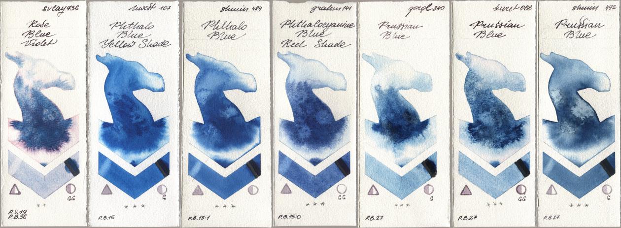 SuperVision 736 Rose Blue Violet, Holbein Artists Watercolor 107 Phthalo Blue Yellow Shade, Shminke Horadam Aquarell 484 Phthalo Blue, M. Graham & Co. Artists 141 Phthalocyanine Blue Red Shade, Golden QOR 340 Prussian Blue, Kuretake Gansai Tambi 066 Prussian Blue, 492 Prussian Bl watercolor swatch