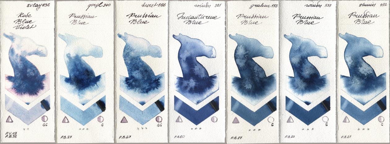 SuperVision 736 Rose Blue Violet, Golden QOR 340 Prussian Blue, Kuretake Gansai Tambi 066 Prussian Blue, Winsor & Newton Professional 321 Indanthrene Blue, M. Graham & Co. Artists 153 Prussian Blue, 538 Prussian Blue, Shminke Horadam Aquarell 492 Prussian Bl watercolor swatch