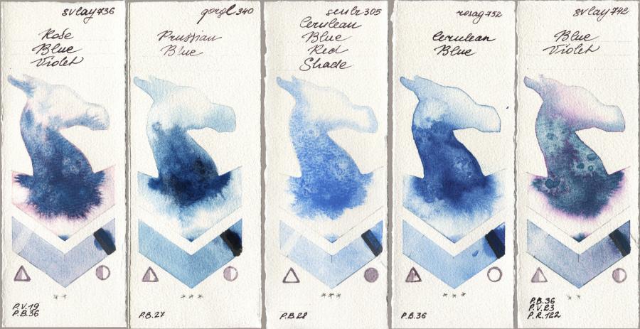 SuperVision 736 Rose Blue Violet vs Golden QOR 340 Prussian Blue vs Sennelier l Aquarelle 305 Cerulean Blue Red Shade vs Rosa Gallery 752 Cerulean Blue vs 742 Blue Violet watercolor swatch