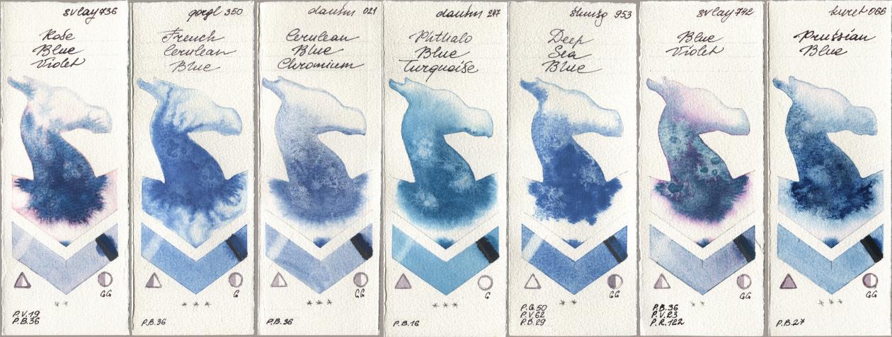 SuperVision 736 Rose Blue Violet, Golden QOR 350 French Cerulean Blue, Daniel Smith 021 Cerulean Blue Chromium, 247 Phthalo Blue Turquoise, Shminke Horadam Aquarell 953 Deep Sea Blue, 742 Blue Violet, Kuretake Gansai Tambi 066 Prussian Bl watercolor swatch