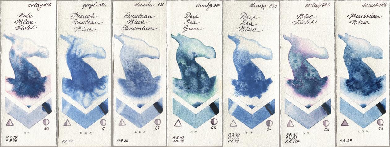 SuperVision 736 Rose Blue Violet, Golden QOR 350 French Cerulean Blue, Daniel Smith 021 Cerulean Blue Chromium, Shminke Horadam Aquarell 954 Deep Sea Green, 953 Deep Sea Blue, 742 Blue Violet, Kuretake Gansai Tambi 066 Prussian Bl watercolor swatch