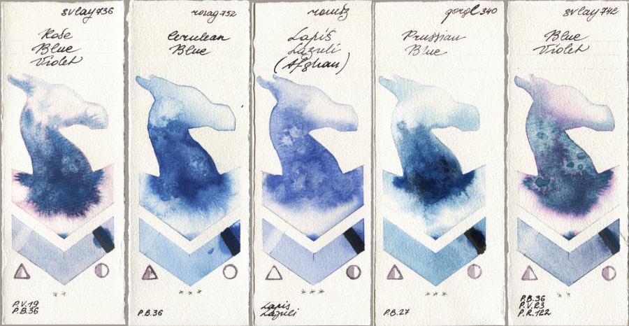 SuperVision 736 Rose Blue Violet vs Rosa Gallery 752 Cerulean Blue vs Roman Szmal Aquarius 999 Lapis Lazuli Afghan vs Golden QOR 340 Prussian Blue vs 742 Blue Violet watercolor swatch