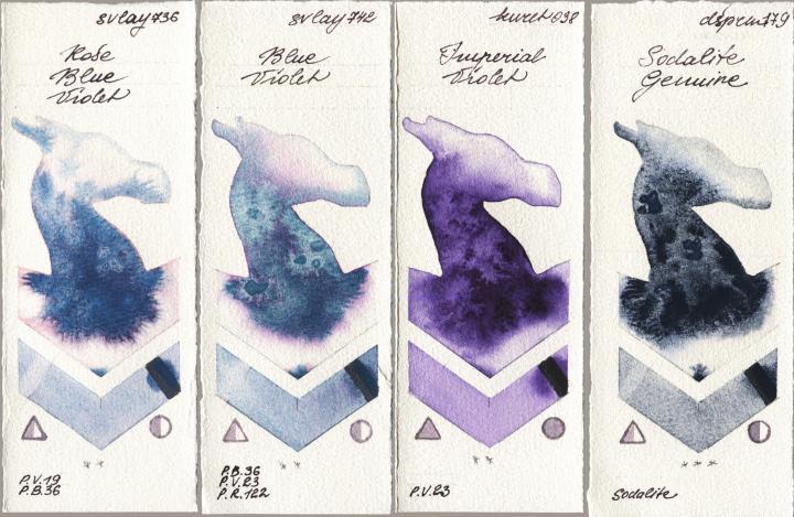 SuperVision 736 Rose Blue Violet vs 742 Blue Violet vs Kuretake Gansai Tambi 038 Imperial Violet vs Daniel Smith 179 Sodalite Genuine watercolor swatch