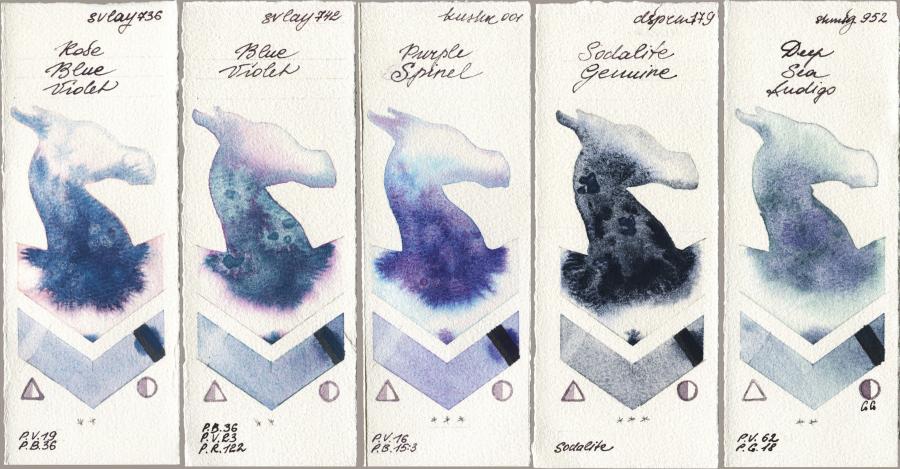 SuperVision 736 Rose Blue Violet vs 742 Blue Violet vs Kusakabe 001 Purple Spinel vs Daniel Smith 179 Sodalite Genuine vs Shminke Horadam Aquarell 952 Deep Sea Indigo watercolor swatch