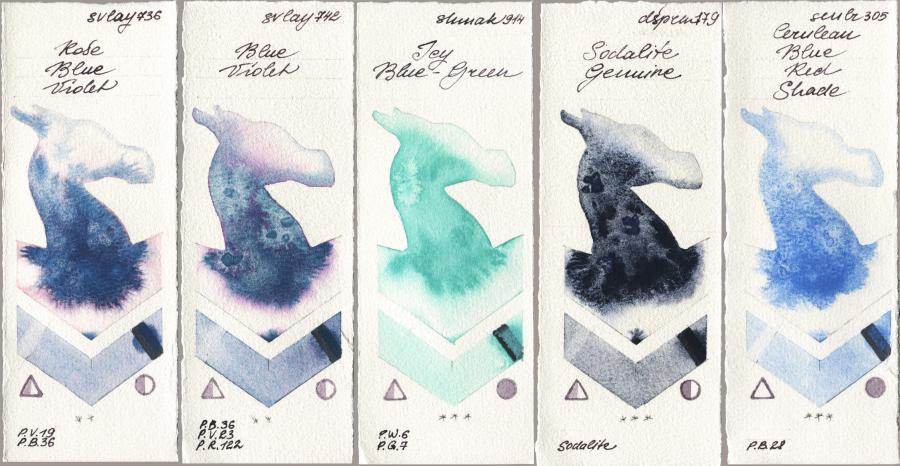 SuperVision 736 Rose Blue Violet vs 742 Blue Violet vs Shminke Akademie Aquarell 914 Icy Blue-Green vs Daniel Smith 179 Sodalite Genuine vs Sennelier l Aquarelle 305 Cerulean Blue Red Shade watercolor swatch