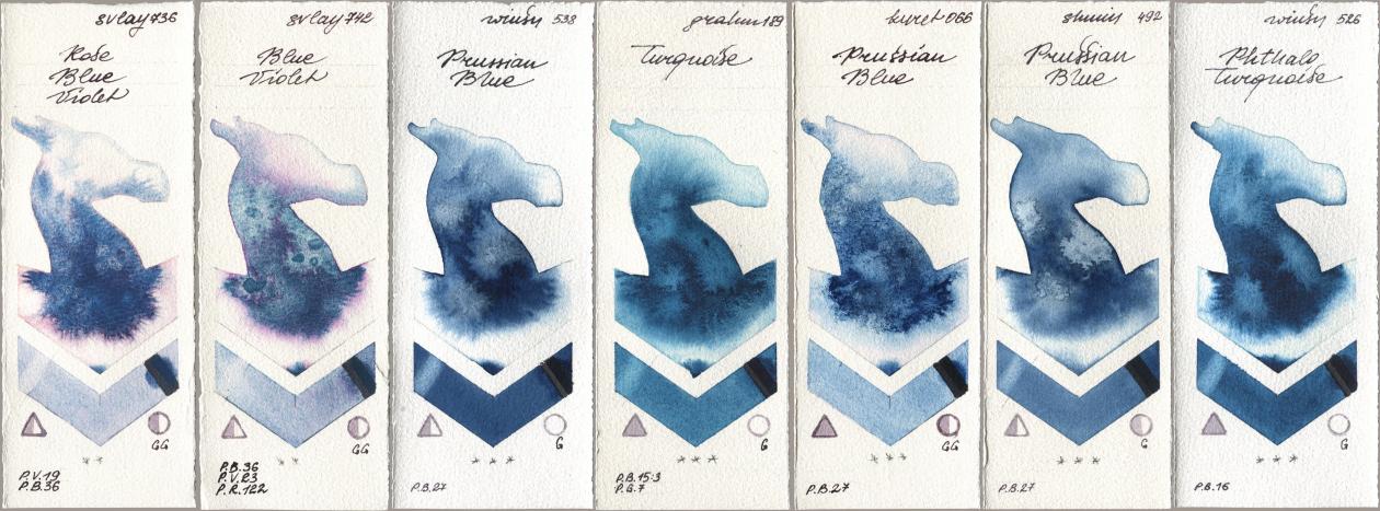 SuperVision 736 Rose Blue Violet, 742 Blue Violet, Winsor & Newton Professional 538 Prussian Blue, M. Graham & Co. Artists 189 Turquoise, Kuretake Gansai Tambi 066 Prussian Blue, Shminke Horadam Aquarell 492 Prussian Blue, 526 Phthalo Turquoi watercolor swatch