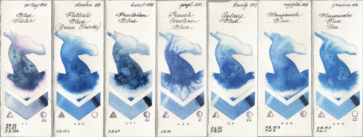 SuperVision 742 Blue Violet, Daniel Smith 077 Phthalo Blue (Green Shade), Kuretake Gansai Tambi 066 Prussian Blue, Golden QOR 350 French Cerulean Blue, Shminke Horadam Aquarell 973 Galaxy Blue, Mijello Mission Gold 548 Manganese Blue, M. Graham & Co. Artists 114 Manganese Blue H watercolor swatch