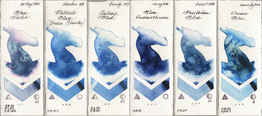 SuperVision 742 Blue Violet, Daniel Smith 077 Phthalo Blue (Green Shade), Shminke Horadam Aquarell 973 Galaxy Blue, Rosa Gallery 738 Blue Indanthrene, Kuretake Gansai Tambi 066 Prussian Blue, Roman Szmal Aquarius 344 Ocean Bl watercolor swatch