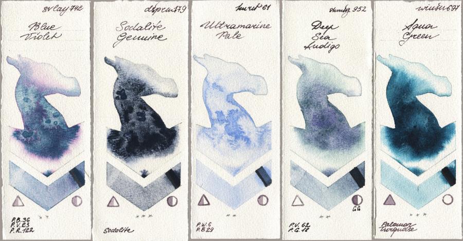 SuperVision 742 Blue Violet vs Daniel Smith 179 Sodalite Genuine vs Kuretake Gansai Tambi 061 Ultramatire Pale vs Shminke Horadam Aquarell 952 Deep Sea Indigo vs Winsor & Newton Professional 697 Aqua Green watercolor swatch