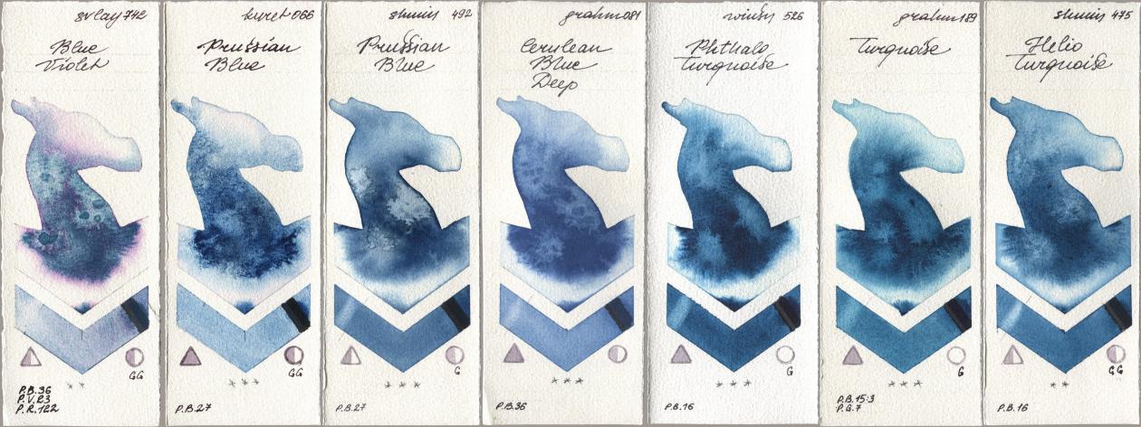 SuperVision 742 Blue Violet, Kuretake Gansai Tambi 066 Prussian Blue, Shminke Horadam Aquarell 492 Prussian Blue, M. Graham & Co. Artists 081 Cerulean Blue Deep, Winsor & Newton Professional 526 Phthalo Turquoise, 189 Turquoise, 475 Helio Turquoi watercolor swatch