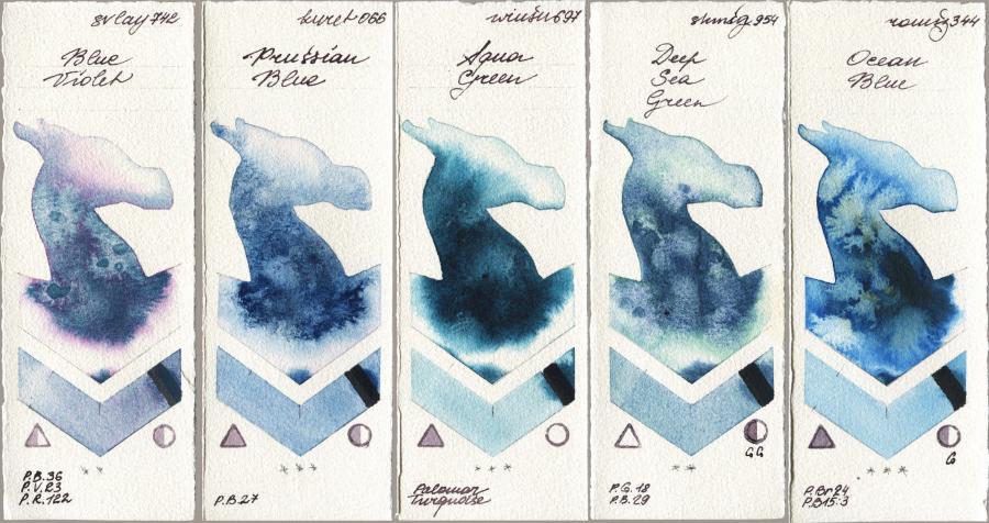 SuperVision 742 Blue Violet vs Kuretake Gansai Tambi 066 Prussian Blue vs Winsor & Newton Professional 697 Aqua Green vs Shminke Horadam Aquarell 954 Deep Sea Green vs Roman Szmal Aquarius 344 Ocean Blue watercolor swatch