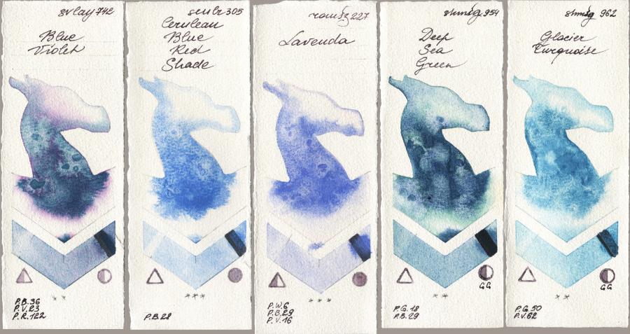 SuperVision 742 Blue Violet vs Sennelier l Aquarelle 305 Cerulean Blue Red Shade vs Roman Szmal Aquarius 227 Lavenda vs Shminke Horadam Aquarell 954 Deep Sea Green vs 962 Glacier Turquoise watercolor swatch