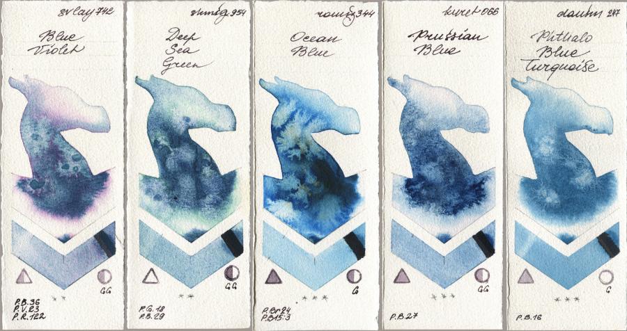 SuperVision 742 Blue Violet, Shminke Horadam Aquarell 954 Deep Sea Green, Roman Szmal Aquarius 344 Ocean Blue, Kuretake Gansai Tambi 066 Prussian Blue, Daniel Smith 247 Phthalo Blue Turquoi watercolor swatch