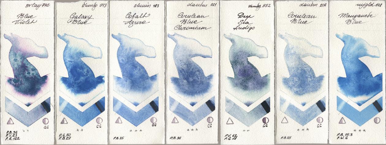 SuperVision 742 Blue Violet, Shminke Horadam Aquarell 973 Galaxy Blue, 483 Cobalt Azure, Daniel Smith 021 Cerulean Blue Chromium, 952 Deep Sea Indigo, 206 Cerulean Blue, Mijello Mission Gold 548 Manganese Bl watercolor swatch