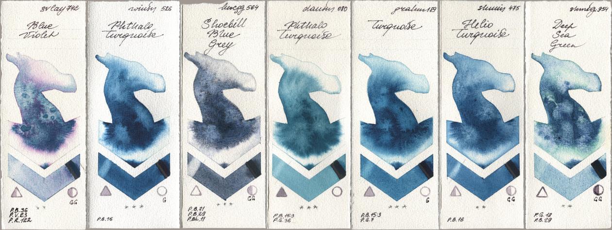 SuperVision 742 Blue Violet, Winsor & Newton Professional 526 Phthalo Turquoise, Holbein Artists Watercolor 564 Shoebill Blue Grey, Daniel Smith 080 Phthalo Turquoise, M. Graham & Co. Artists 189 Turquoise, Shminke Horadam Aquarell 475 Helio Turquoise, 954 Deep Sea Gre watercolor swatch
