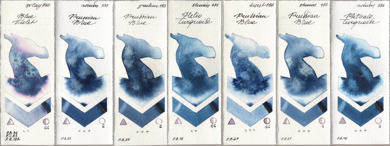 SuperVision 742 Blue Violet, Winsor & Newton Professional 538 Prussian Blue, M. Graham & Co. Artists 153 Prussian Blue, Shminke Horadam Aquarell 475 Helio Turquoise, Kuretake Gansai Tambi 066 Prussian Blue, 492 Prussian Blue, 526 Phthalo Turquoi watercolor swatch