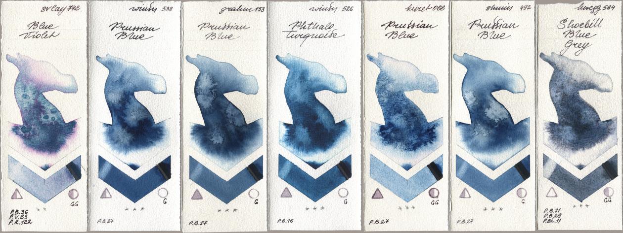 SuperVision 742 Blue Violet, Winsor & Newton Professional 538 Prussian Blue, M. Graham & Co. Artists 153 Prussian Blue, 526 Phthalo Turquoise, Kuretake Gansai Tambi 066 Prussian Blue, Shminke Horadam Aquarell 492 Prussian Blue, Holbein Artists Watercolor 564 Shoebill Blue Gr watercolor swatch