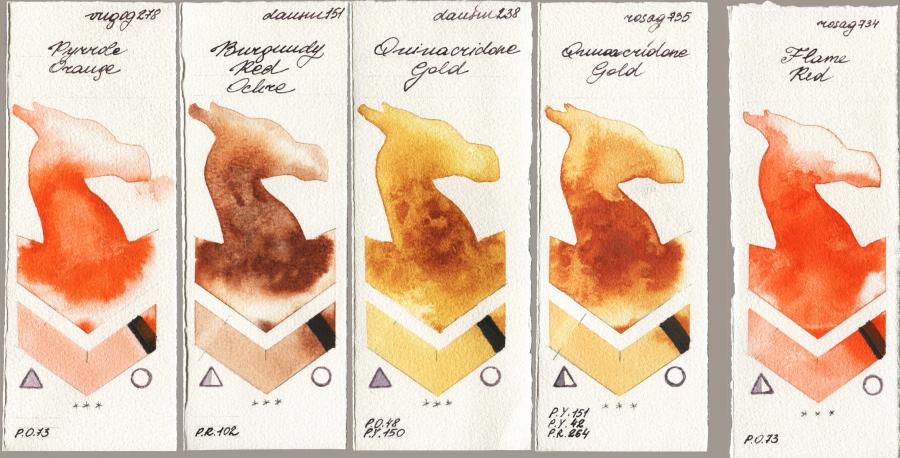 Royal Talens Van Gogh Watercolour 278 Pyrrole Orange vs Daniel Smith 151 Burgundy Red Ochre vs 238 Quinacridone Gold vs Rosa Gallery 735 Quinacridone Gold vs 734 Flame Red watercolor swatch