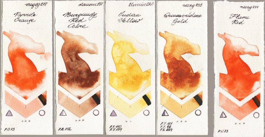 Royal Talens Van Gogh Watercolour 278 Pyrrole Orange vs Daniel Smith 151 Burgundy Red Ochre vs Shminke Horadam Aquarell 220 Indian Yellow vs Rosa Gallery 735 Quinacridone Gold vs 734 Flame Red watercolor swatch