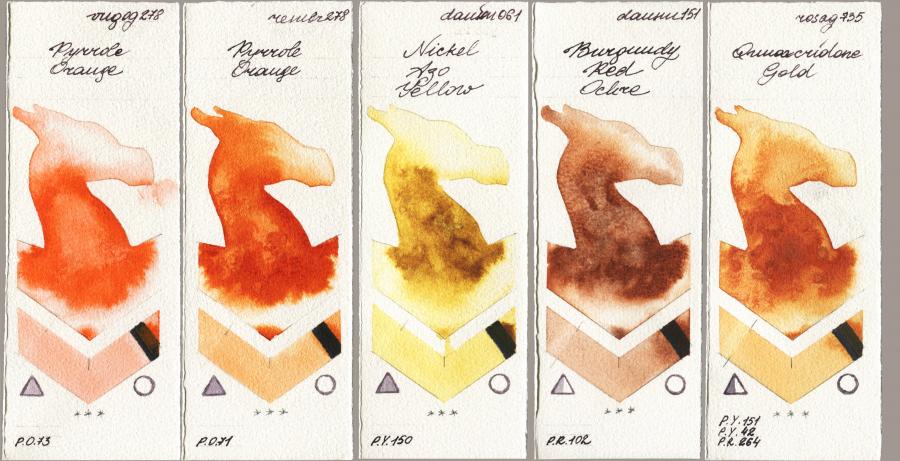 Royal Talens Van Gogh Watercolour 278 Pyrrole Orange vs Royal Talens Rembrandt Watercolour 278 Pyrrole Orange vs Daniel Smith 061 Nickel Azo Yellow vs 151 Burgundy Red Ochre vs Rosa Gallery 735 Quinacridone Gold watercolor swatch