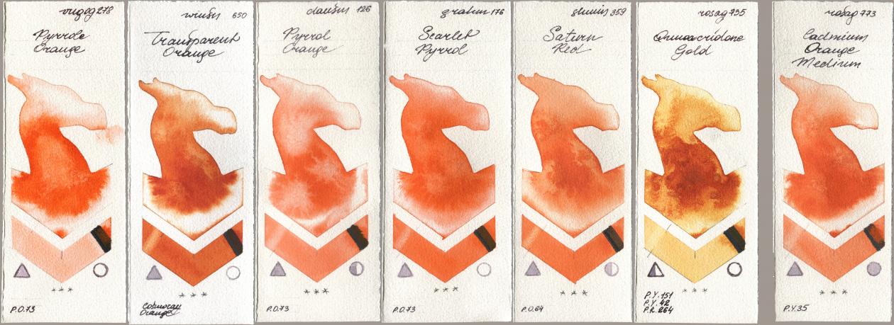Royal Talens Van Gogh Watercolour 278 Pyrrole Orange, Winsor & Newton Professional 650 Transparent Orange, Daniel Smith 126 Pyrrol Orange, M. Graham & Co. Artists 176 Scarlet Pyrrol, Shminke Horadam Aquarell 359 Saturn Red, Rosa Gallery 735 Quinacridone Gold, 773 Cadmium Orange Medi watercolor swatch