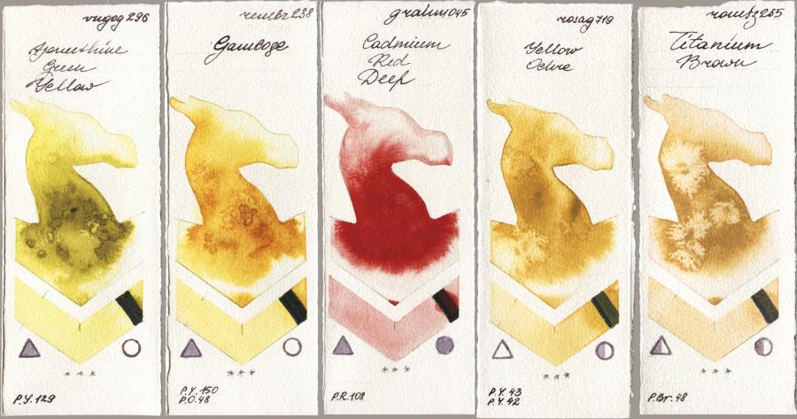 Royal Talens Van Gogh Watercolour 296 Azomethine Green Yellow vs Royal Talens Rembrandt Watercolour 238 Gamboge vs M. Graham & Co. Artists 045 Cadmium Red Deep vs Rosa Gallery 719 Yellow Ochre vs Roman Szmal Aquarius 265 Titanium Brown watercolor swatch
