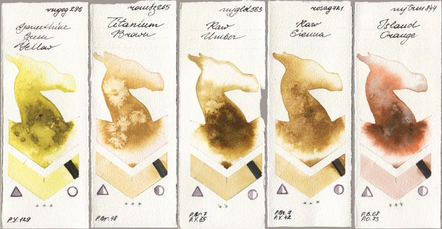 Royal Talens Van Gogh Watercolour 296 Azomethine Green Yellow vs Roman Szmal Aquarius 265 Titanium Brown vs Mijello Mission Gold 563 Raw Umber vs Rosa Gallery 721 Raw Sienna vs 844 Island Orange watercolor swatch