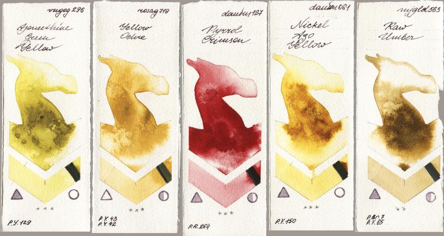 Royal Talens Van Gogh Watercolour 296 Azomethine Green Yellow vs Rosa Gallery 719 Yellow Ochre vs Daniel Smith 127 Pyrrol Crimson vs 061 Nickel Azo Yellow vs Mijello Mission Gold 563 Raw Umber watercolor swatch