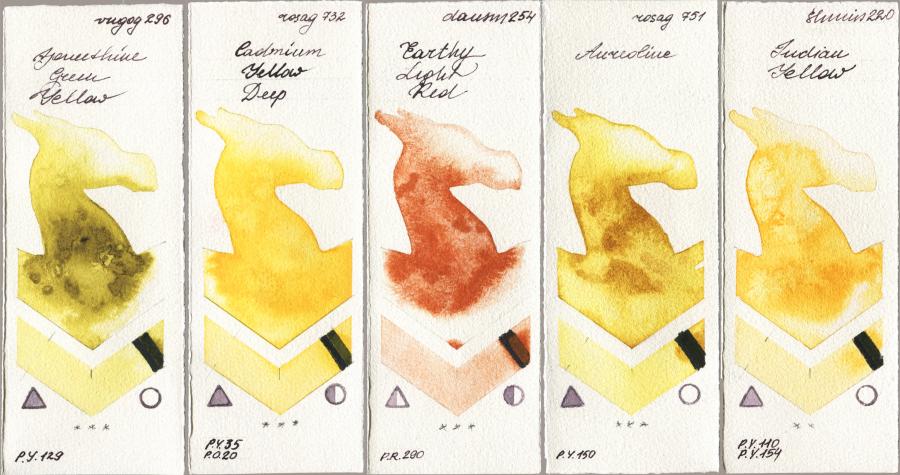Royal Talens Van Gogh Watercolour 296 Azomethine Green Yellow vs Rosa Gallery 732 Cadmium Yellow Deep vs Daniel Smith 254 Earthy Light Red vs 751 Aureoline vs Shminke Horadam Aquarell 220 Indian Yellow watercolor swatch