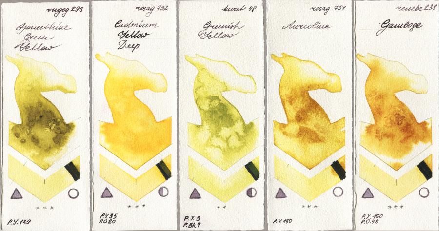 Royal Talens Van Gogh Watercolour 296 Azomethine Green Yellow vs Rosa Gallery 732 Cadmium Yellow Deep vs Kuretake Gansai Tambi 048 Greenish Yellow vs 751 Aureoline vs Royal Talens Rembrandt Watercolour 238 Gamboge watercolor swatch