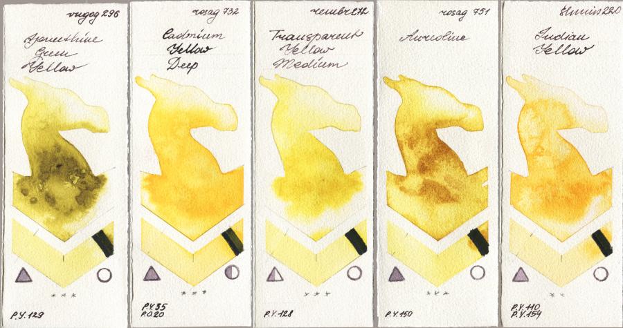 Royal Talens Van Gogh Watercolour 296 Azomethine Green Yellow vs Rosa Gallery 732 Cadmium Yellow Deep vs Royal Talens Rembrandt Watercolour 272 Transparent Yellow Medium vs 751 Aureoline vs Shminke Horadam Aquarell 220 Indian Yellow watercolor swatch