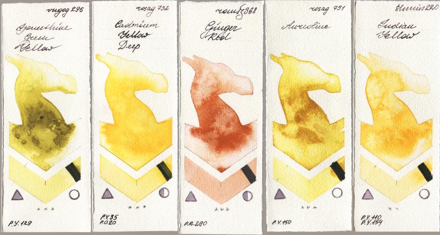 Royal Talens Van Gogh Watercolour 296 Azomethine Green Yellow vs Rosa Gallery 732 Cadmium Yellow Deep vs Roman Szmal Aquarius 368 Genger Red vs 751 Aureoline vs Shminke Horadam Aquarell 220 Indian Yellow watercolor swatch