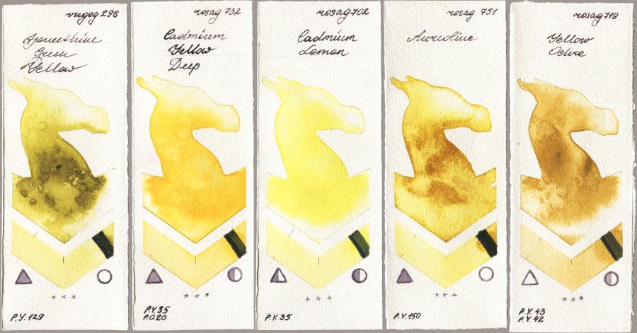 Royal Talens Van Gogh Watercolour 296 Azomethine Green Yellow vs Rosa Gallery 732 Cadmium Yellow Deep vs 702 Cadmium Lemon vs 751 Aureoline vs 719 Yellow Ochre watercolor swatch