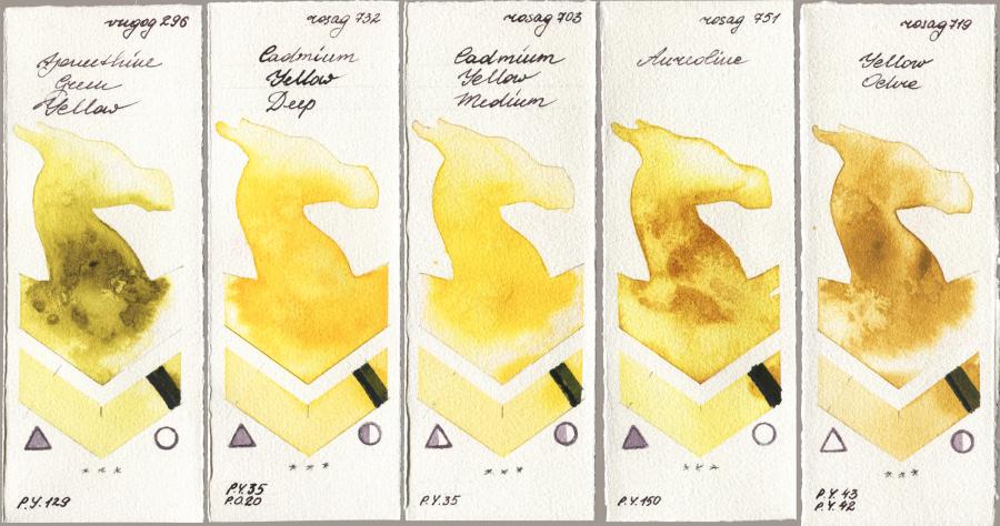 Royal Talens Van Gogh Watercolour 296 Azomethine Green Yellow vs Rosa Gallery 732 Cadmium Yellow Deep vs 703 Cadmium Yellow Medium vs 751 Aureoline vs 719 Yellow Ochre watercolor swatch