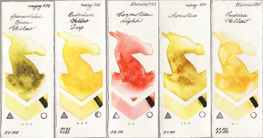 Royal Talens Van Gogh Watercolour 296 Azomethine Green Yellow vs Rosa Gallery 732 Cadmium Yellow Deep vs Shminke Horadam Aquarell 342 Vermilion Light vs 751 Aureoline vs 220 Indian Yellow watercolor swatch