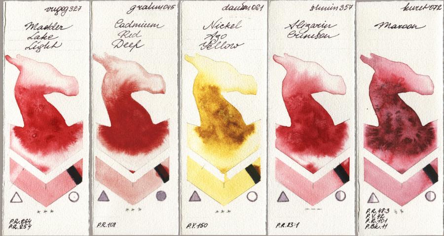 Royal Talens Van Gogh Watercolour 327 Madder Lake Light vs M. Graham & Co. Artists 045 Cadmium Red Deep vs Daniel Smith 061 Nickel Azo Yellow vs Shminke Horadam Aquarell 357 Alizarin Crimson vs Kuretake Gansai Tambi 072 Maroon watercolor swatch