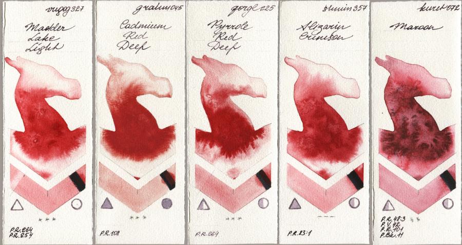 Royal Talens Van Gogh Watercolour 327 Madder Lake Light vs M. Graham & Co. Artists 045 Cadmium Red Deep vs Golden QOR 225 Pyrrole Red Deep vs Shminke Horadam Aquarell 357 Alizarin Crimson vs Kuretake Gansai Tambi 072 Maroon watercolor swatch