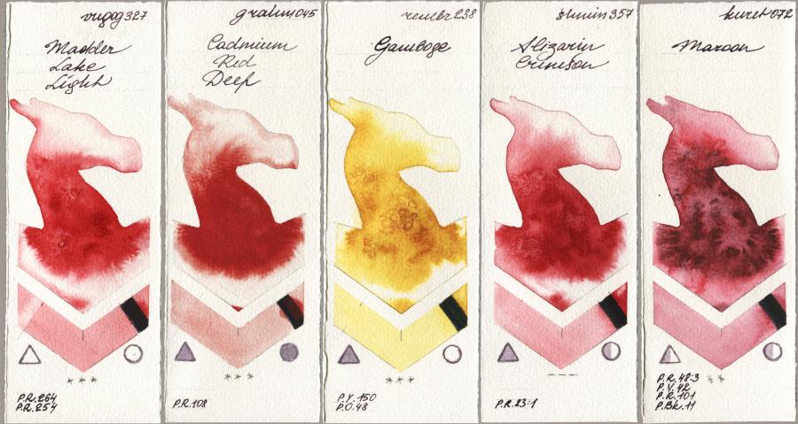 Royal Talens Van Gogh Watercolour 327 Madder Lake Light vs M. Graham & Co. Artists 045 Cadmium Red Deep vs Royal Talens Rembrandt Watercolour 238 Gamboge vs Shminke Horadam Aquarell 357 Alizarin Crimson vs Kuretake Gansai Tambi 072 Maroon watercolor swatch