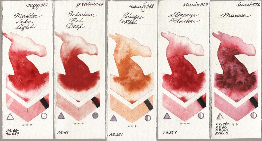 Royal Talens Van Gogh Watercolour 327 Madder Lake Light vs M. Graham & Co. Artists 045 Cadmium Red Deep vs Roman Szmal Aquarius 368 Genger Red vs Shminke Horadam Aquarell 357 Alizarin Crimson vs Kuretake Gansai Tambi 072 Maroon watercolor swatch