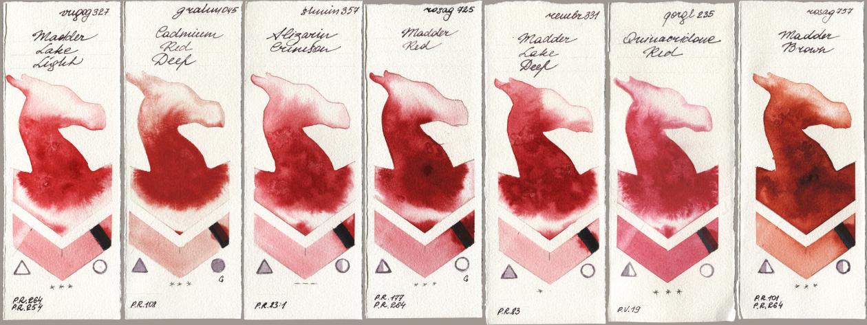 Royal Talens Van Gogh Watercolour 327 Madder Lake Light, M. Graham & Co. Artists 045 Cadmium Red Deep, Shminke Horadam Aquarell 357 Alizarin Crimson, Rosa Gallery 725 Madder Red, Royal Talens Rembrandt Watercolour 331 Madder Lake Deep, Golden QOR 235 Quinacridone Red, 757 Madder Bro watercolor swatch