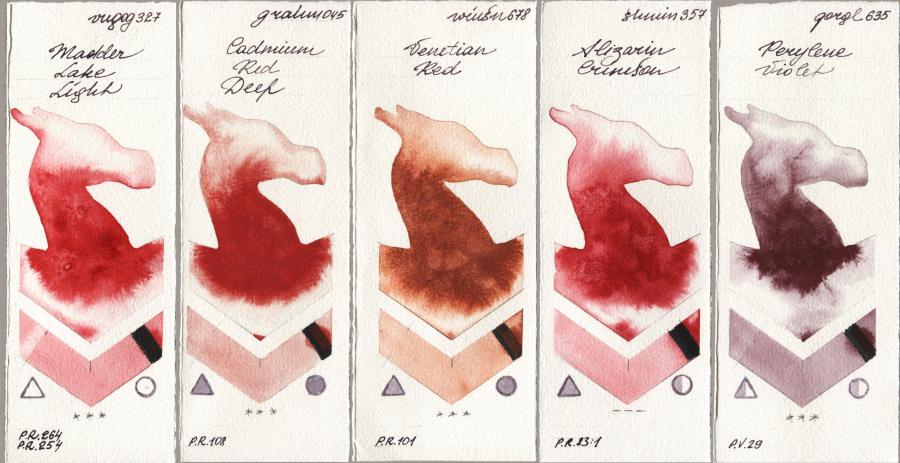 Royal Talens Van Gogh Watercolour 327 Madder Lake Light vs M. Graham & Co. Artists 045 Cadmium Red Deep vs Winsor & Newton Professional 678 Venetian Red vs Shminke Horadam Aquarell 357 Alizarin Crimson vs Golden QOR 635 Perylene Violet watercolor swatch
